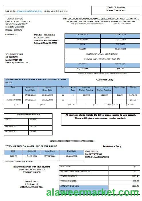 USA Sharon Town of Sharon water trash utility bill Word and PDF formats